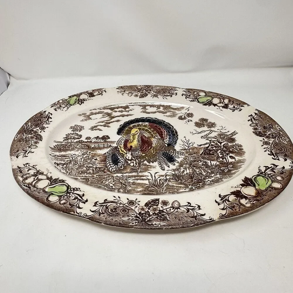 Vintage Japan Turkey Oval Platter Brown Transferware Thanksgiving Holiday 18”